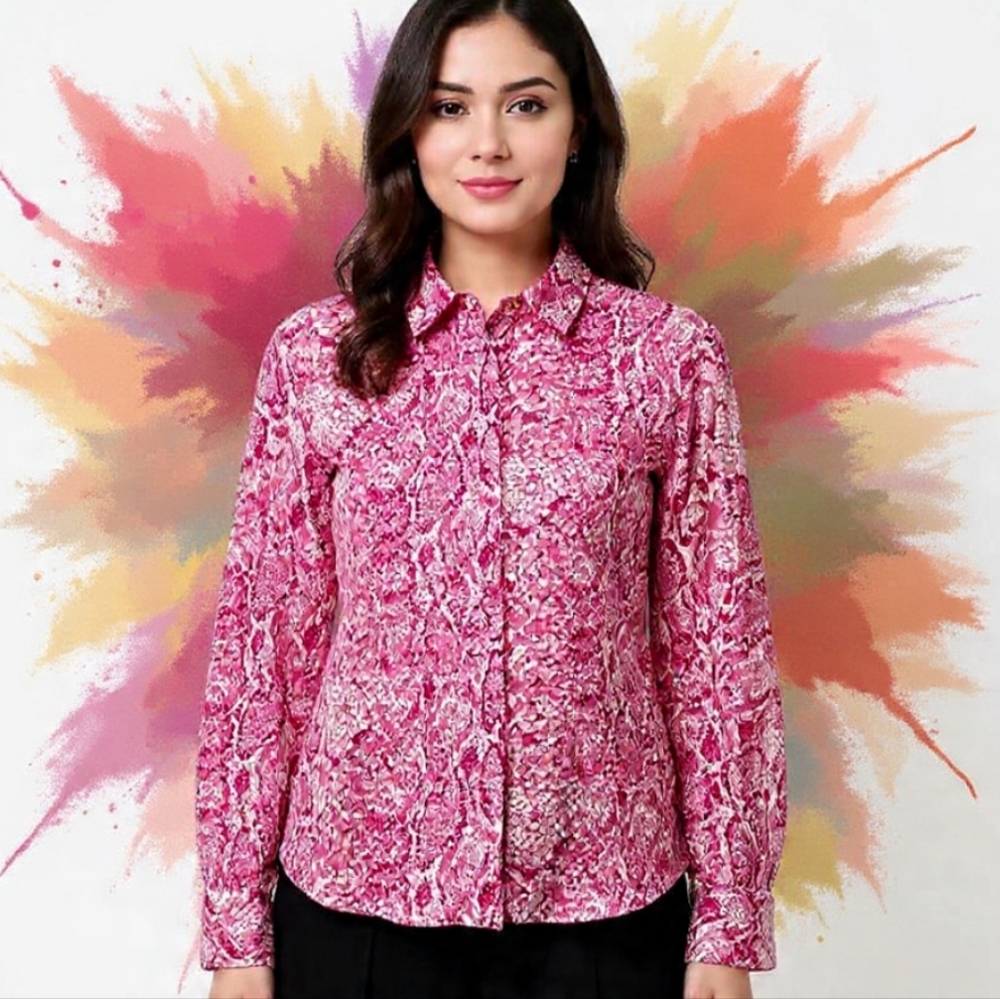 S/M🌸Zara Vibrant Pink Patterned Button Down Shirt *P2P 22"